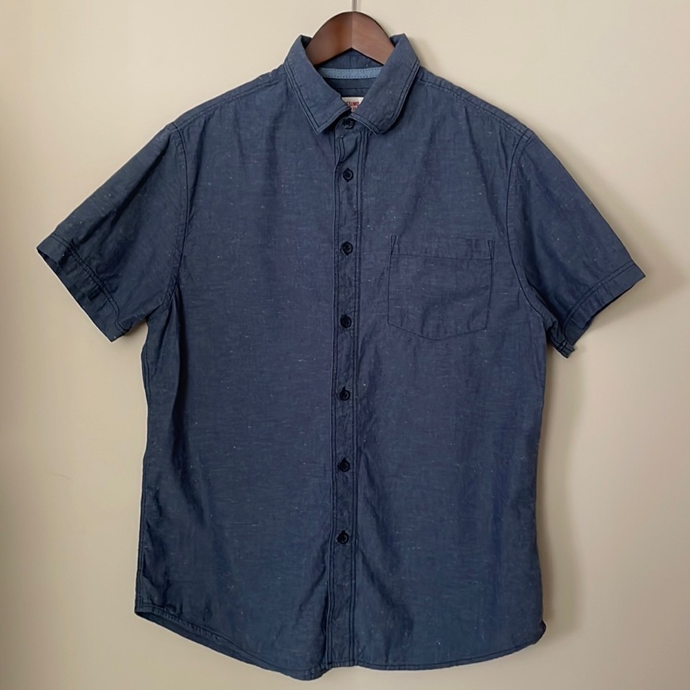 Mossimo blue button down shirt with yellow, turquoise bits